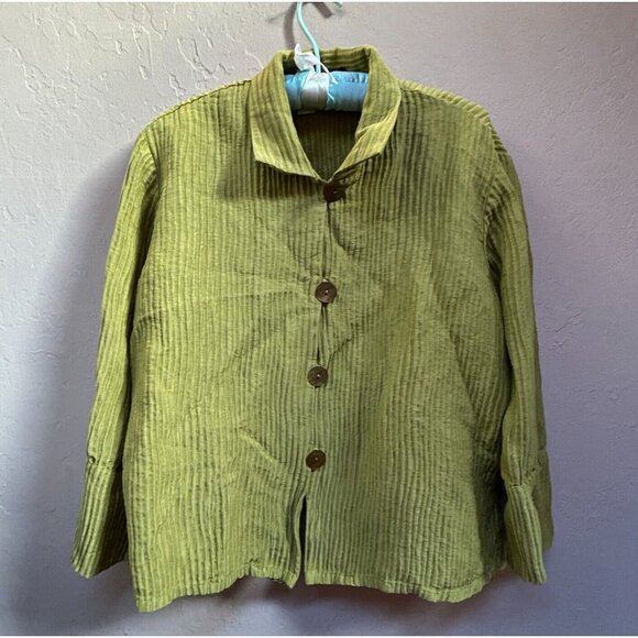 Staples Women XL Green Silk Linen Button Front Textured Shirt Jacket Lightweight - Picture 1 of 9